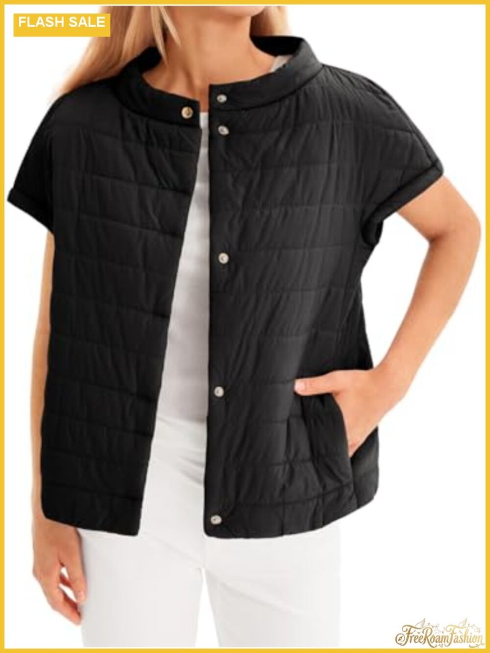 Tankaneo Womens Quilted Puffer Vest Button Up Cap Sleeve Winter Warm